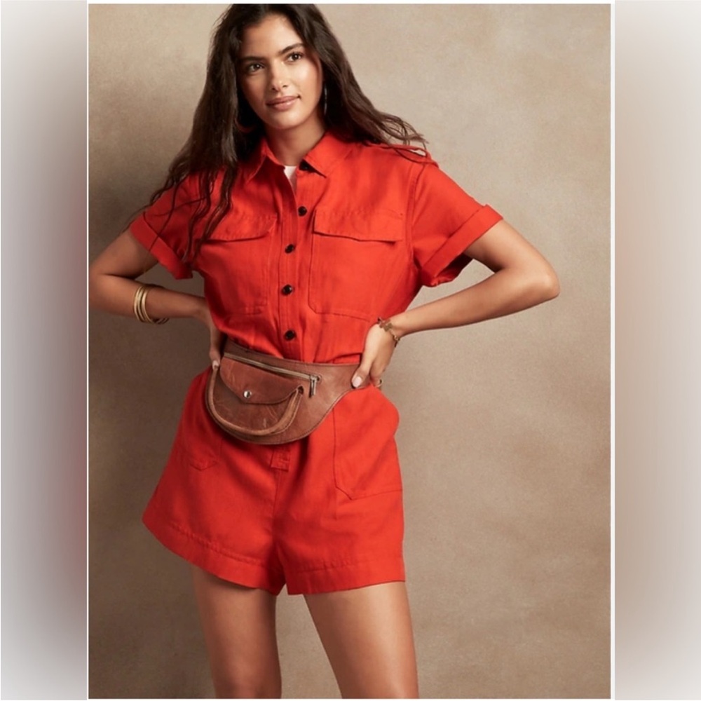 BANANA REPUBLIC Linen Belted Romper Red Poppy Size XXS
